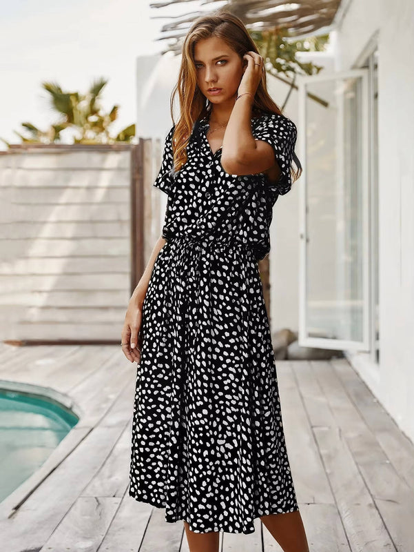 Women's Midi Dress with Tie Waist and Button Front