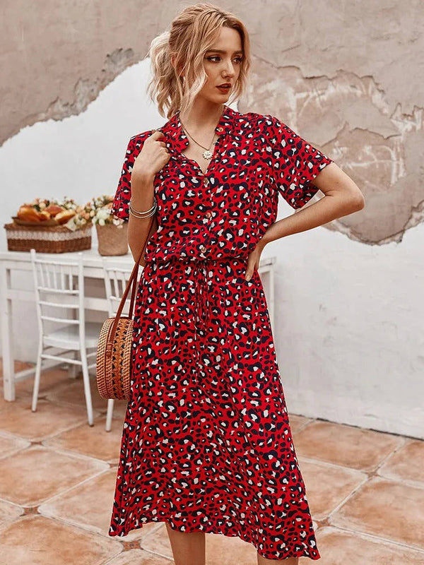 Women's Midi Dress with Tie Waist and Button Front