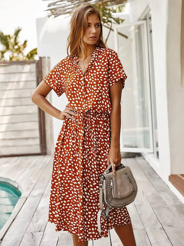 Women's Midi Dress with Tie Waist and Button Front