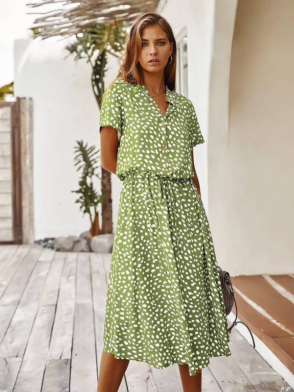 Women's Midi Dress with Tie Waist and Button Front