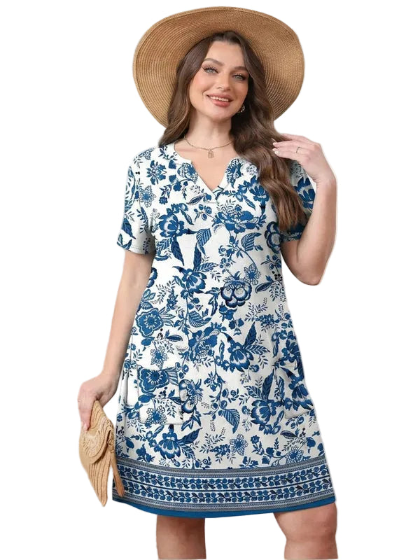 Women's Mini Dress with V-Neck and Printed Panels