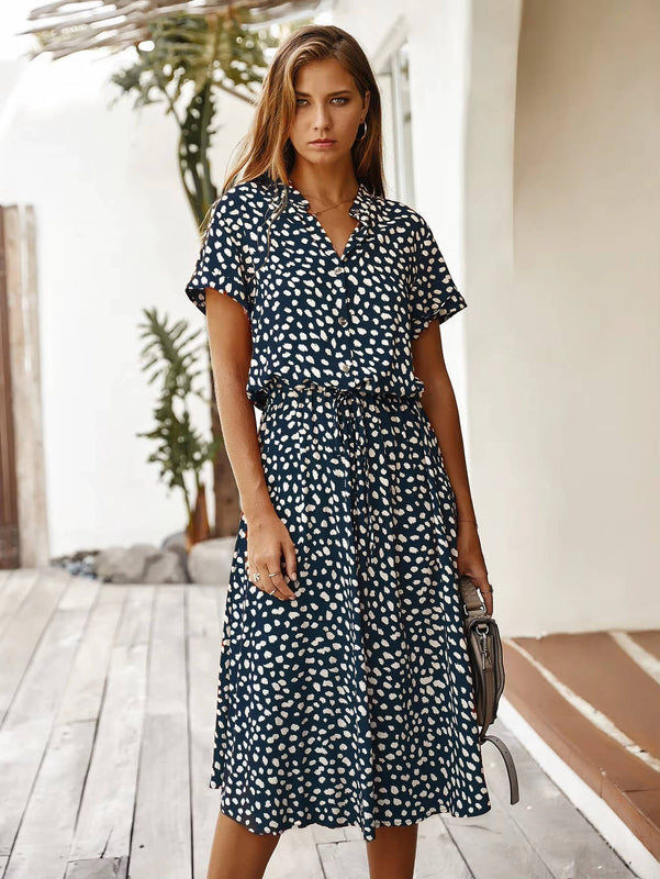 Women's Midi Dress with Tie Waist and Button Front