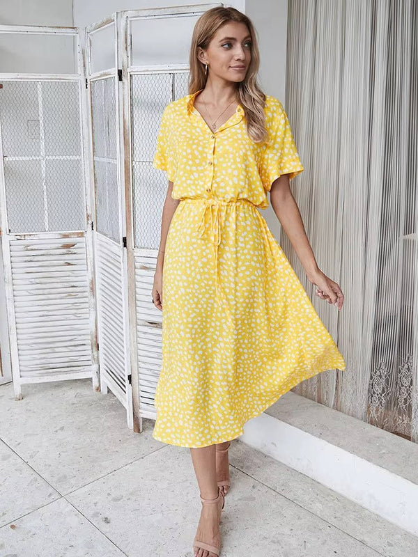 Women's Midi Dress with Tie Waist and Button Front