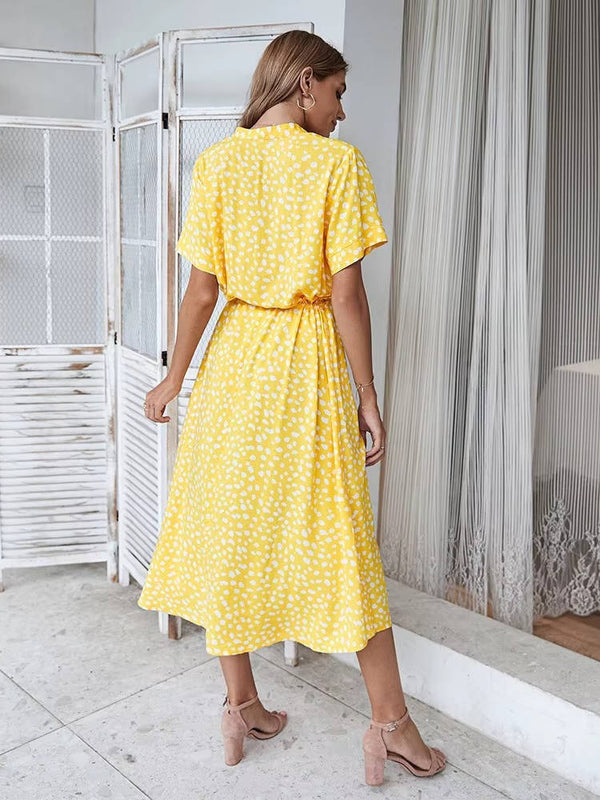 Women's Midi Dress with Tie Waist and Button Front