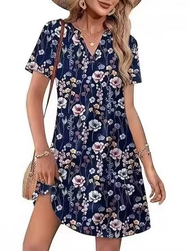 Women's Mini Dress with V-Neck and Printed Panels