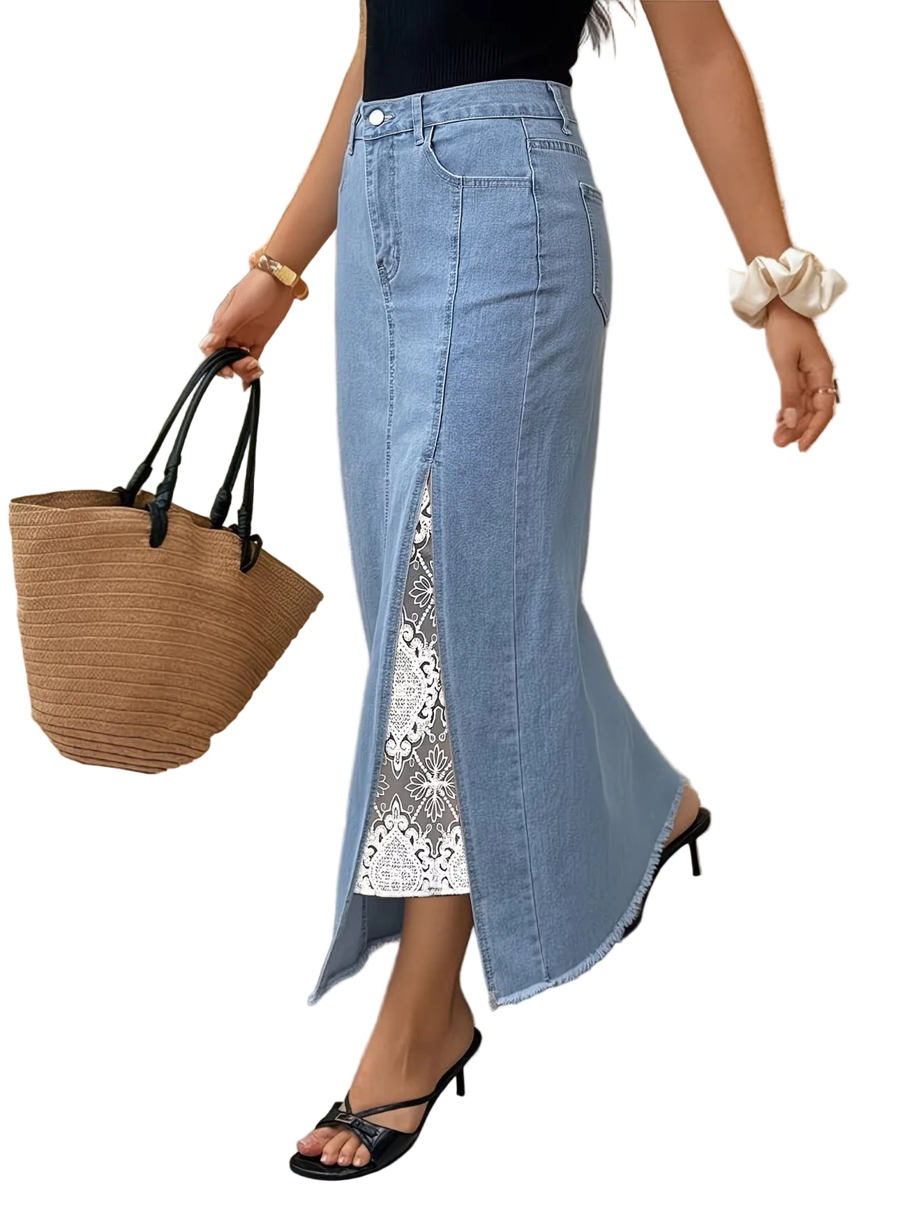 Women's High-Waisted Midi Skirt with Lace Inserts