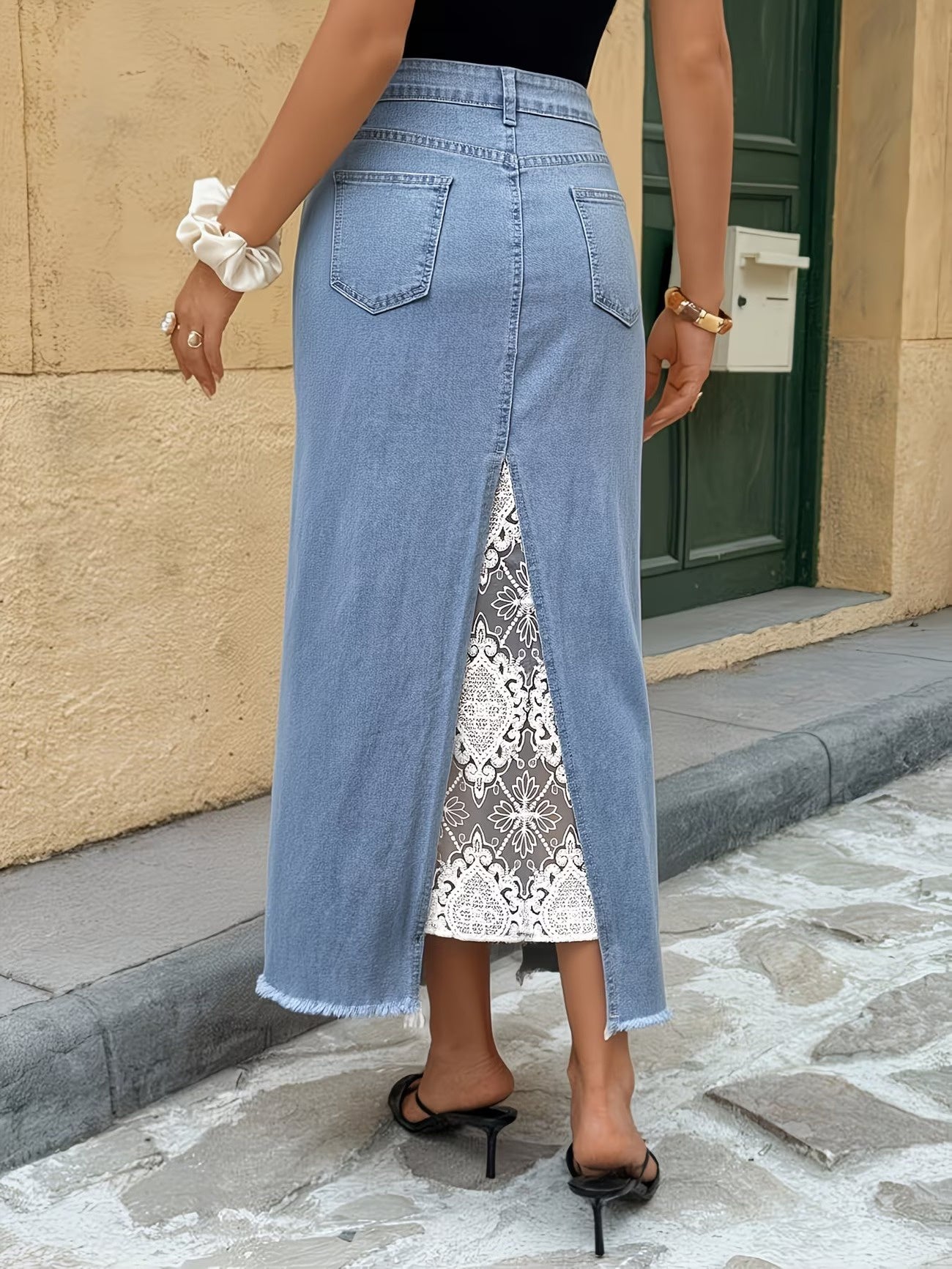 Women's High-Waisted Midi Skirt with Lace Inserts