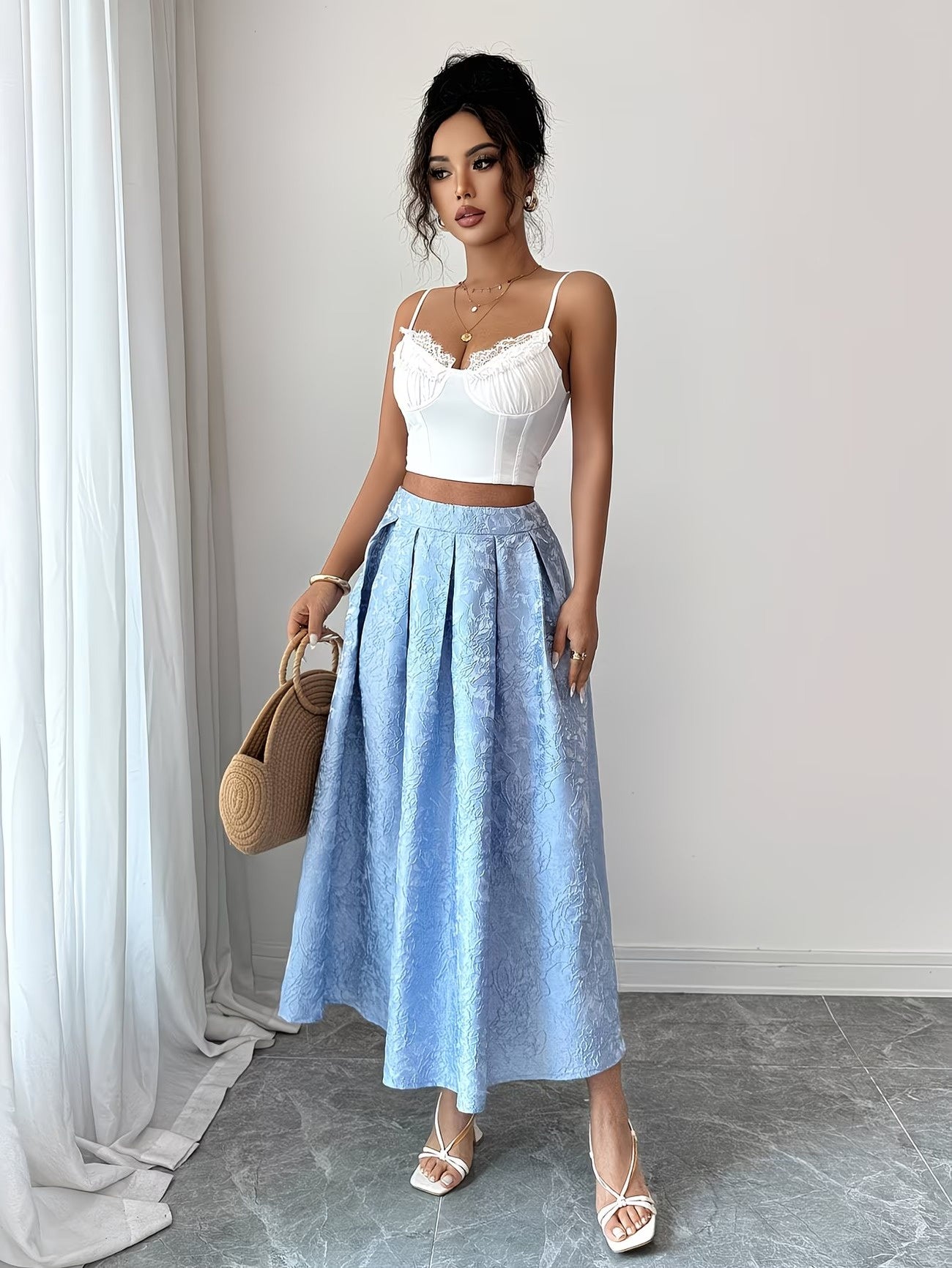Women's Midi Skirt with Textured Floral Pattern