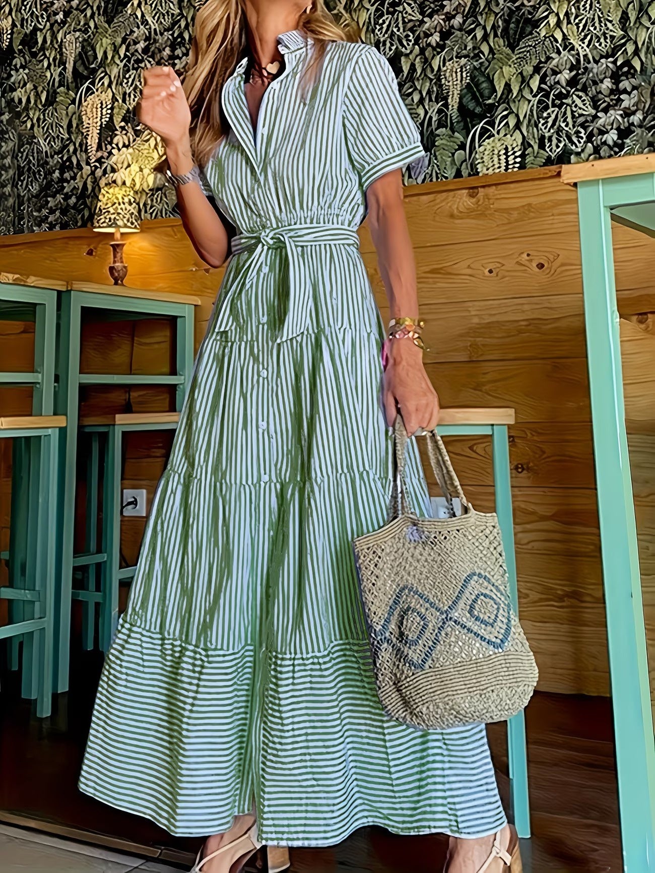 Women's Striped Maxi Shirt Dress