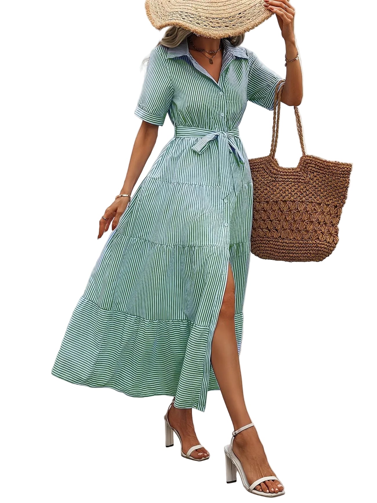Women's Striped Maxi Shirt Dress